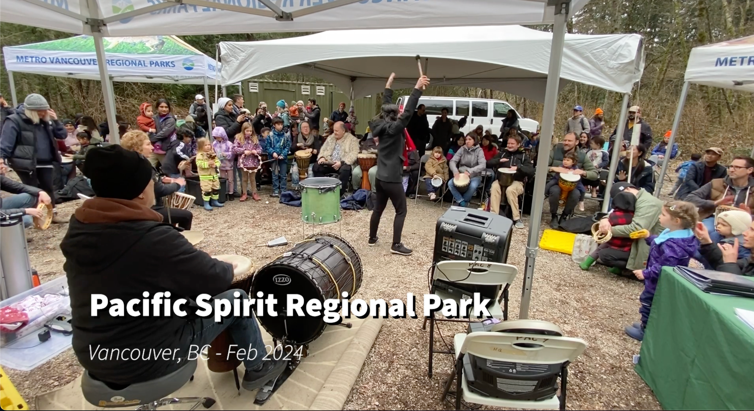 Load video: Groove Masters Percussion drumming workshop at pacific spirit park in vancouver, BC, for family day feb 19 2024.
